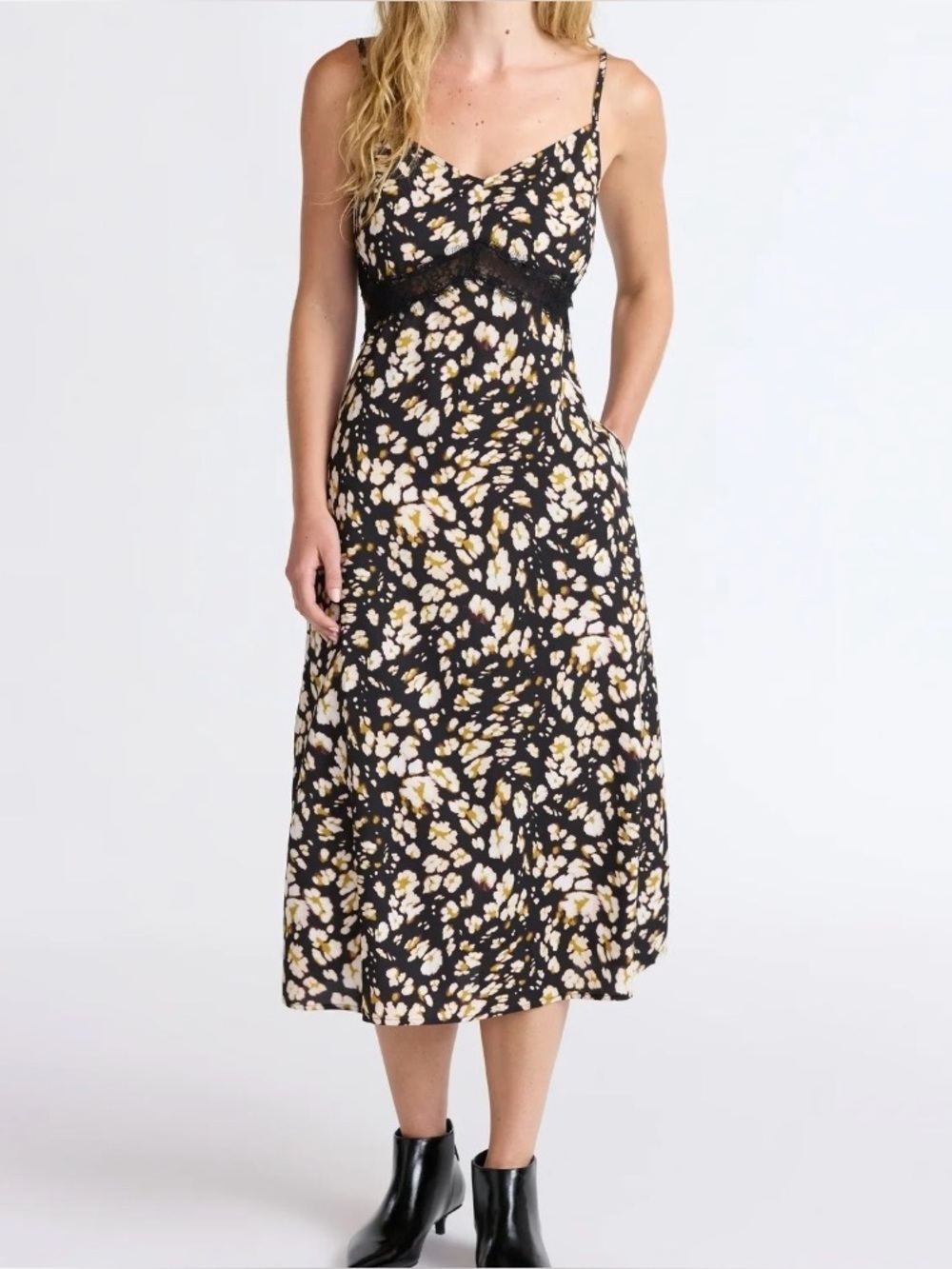 Scoop Lace Cutout Midi Dress Black Floral Slip Dress Y2K Coquette S Fairy NWT
